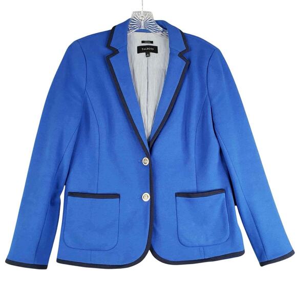Talbots Blazer Jacket Womens Size 10 Stretch Knit Button Blue Lined Aberdeen - Picture 2 of 9